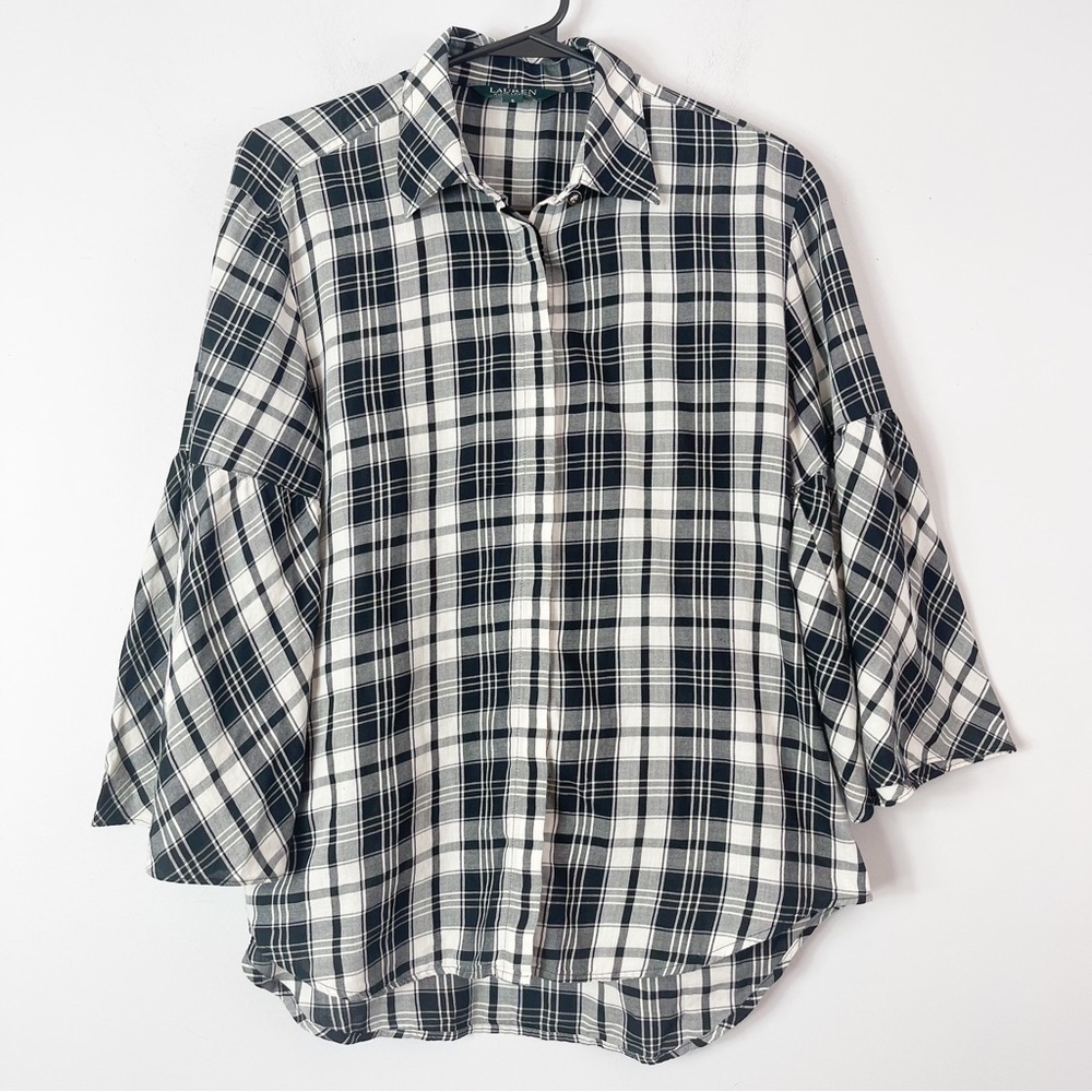Lauren Ralph Lauren Black Bell Sleeves Plaid Shirt Size Small